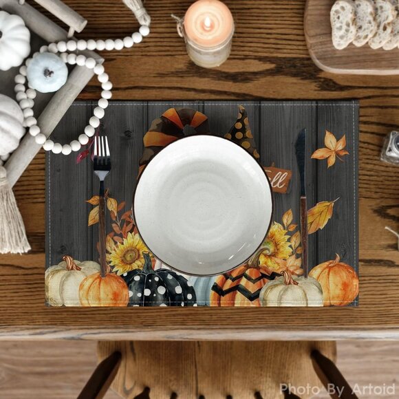 Gnomes Pumpkins Fall Placemats Set of 4, 12x18 Inch Seasonal Autumn Thanksgiving - Picture 2 of 5